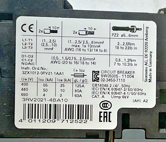 SIEMENS 3RV2021-4BA10 MOTOR CONTROL 13-20A 50HZ