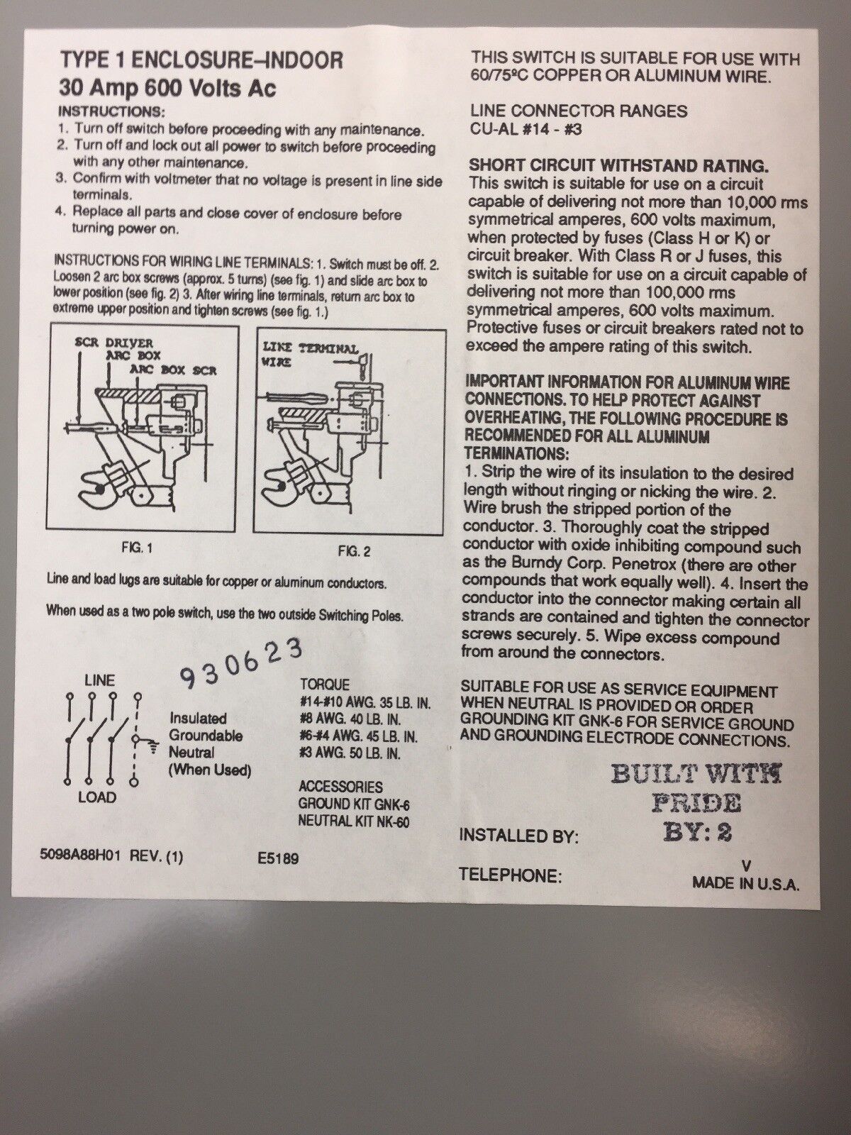 WESTINGHOUSE HUN361 30 AMPS 600 VAC 3 POLES NON-FUSIBLE SAFETY SWITCH