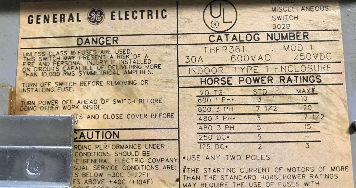 GE General Electric THFP361L 30A, 600VAC TYPE QMR TWIN PANELBOARD SWITCH