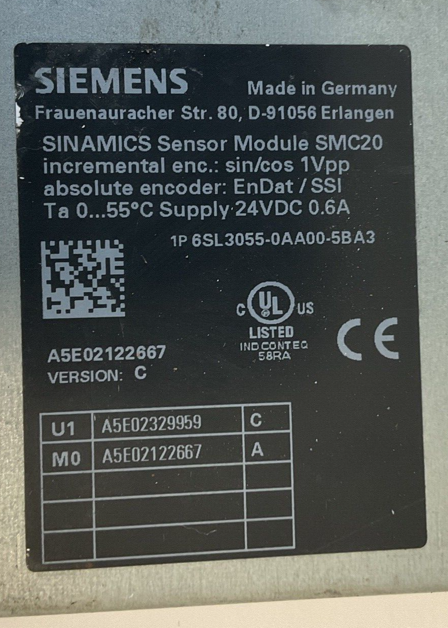 SIEMENS 6SL3055-0AA00-5BA3 SENSOR MODULE SMC20 24VDC 0.6A VER.C