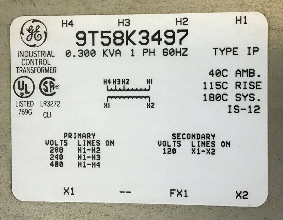 GENERAL ELECTRIC 9T58K3497 IND. CONTROL TRANSFORMER 0.300KVA 1PH 60HZ TYPE IP