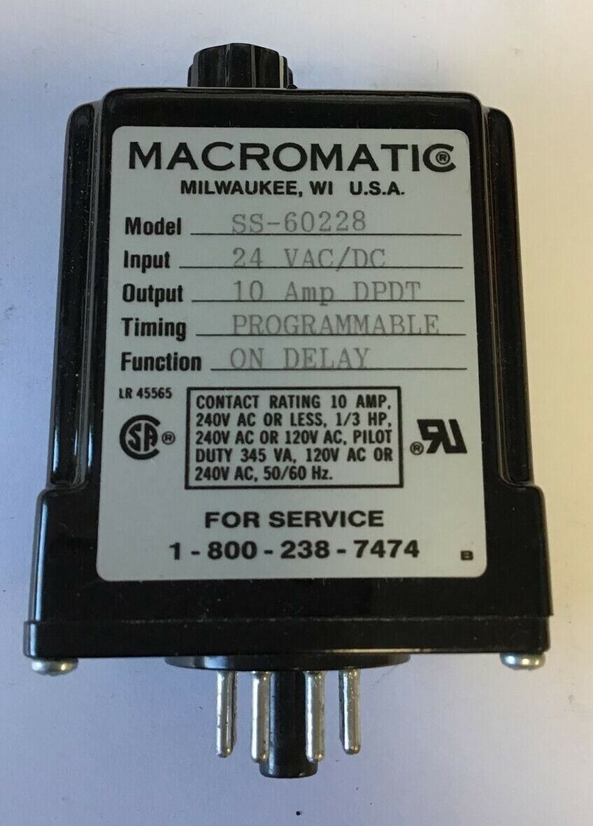 MACROMATIC TIME DELAY RELAY SS-60228 24VAC/DC 10A DPDT PROGRAMMABLE