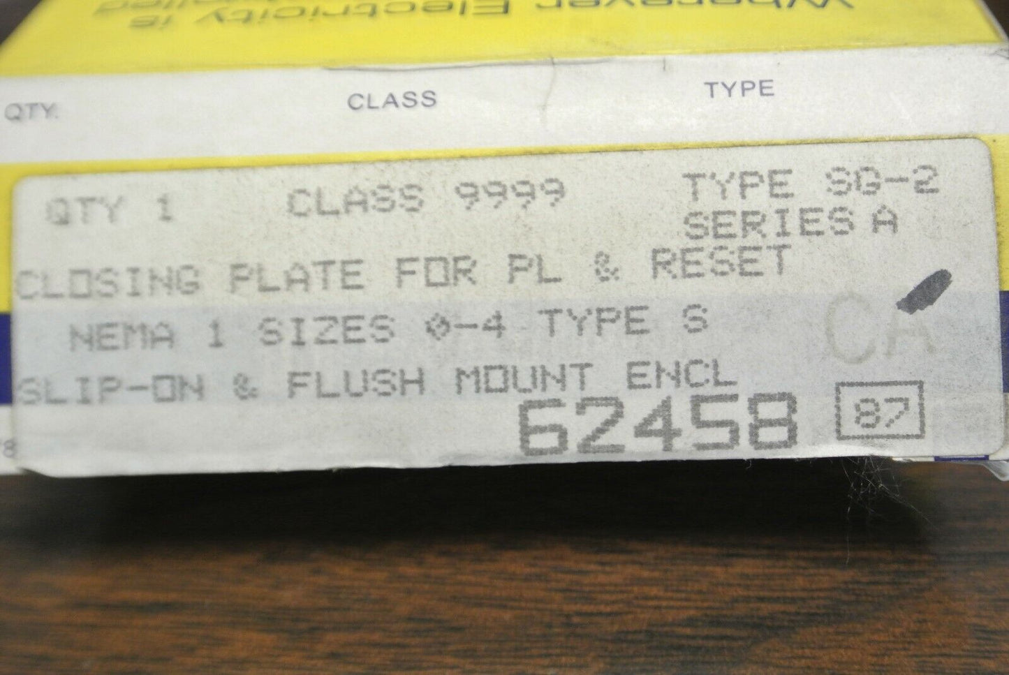 SQUARE D 9999 SG-2 CLOSING PLATE for PL & RESET for ENCLOSURES / NEW SURPLUS