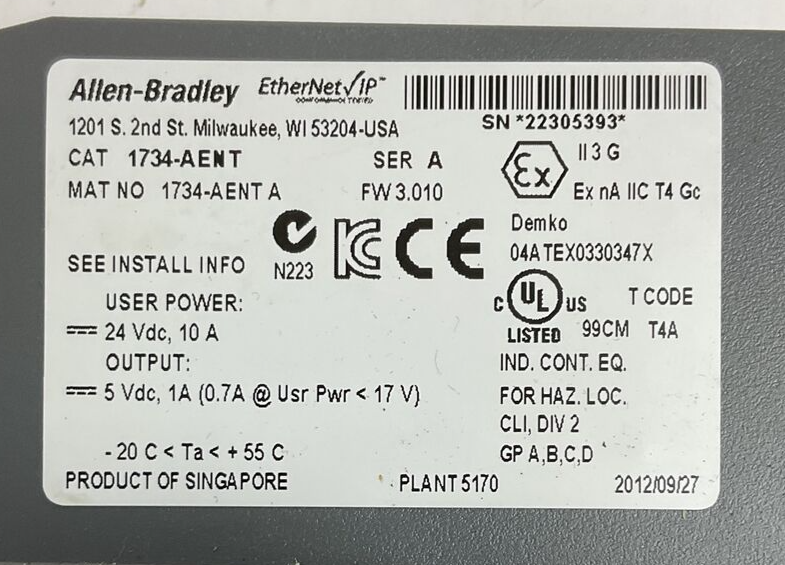 ALLEN BRADLEY 1734-AENT SER A F/W 3.010 ETHERNET/IP I/O ADAPTER