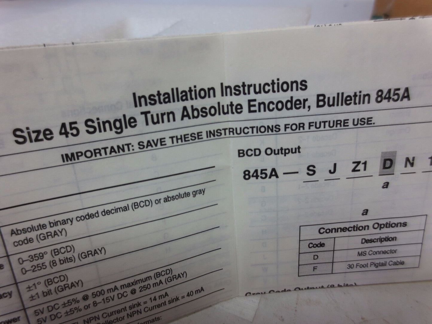 ALLEN-BRADLEY 845A-SJZ1DN1AK3 Ser. C ENCODER, ABSOLUTE OPTICAL - NEW SURPLUS