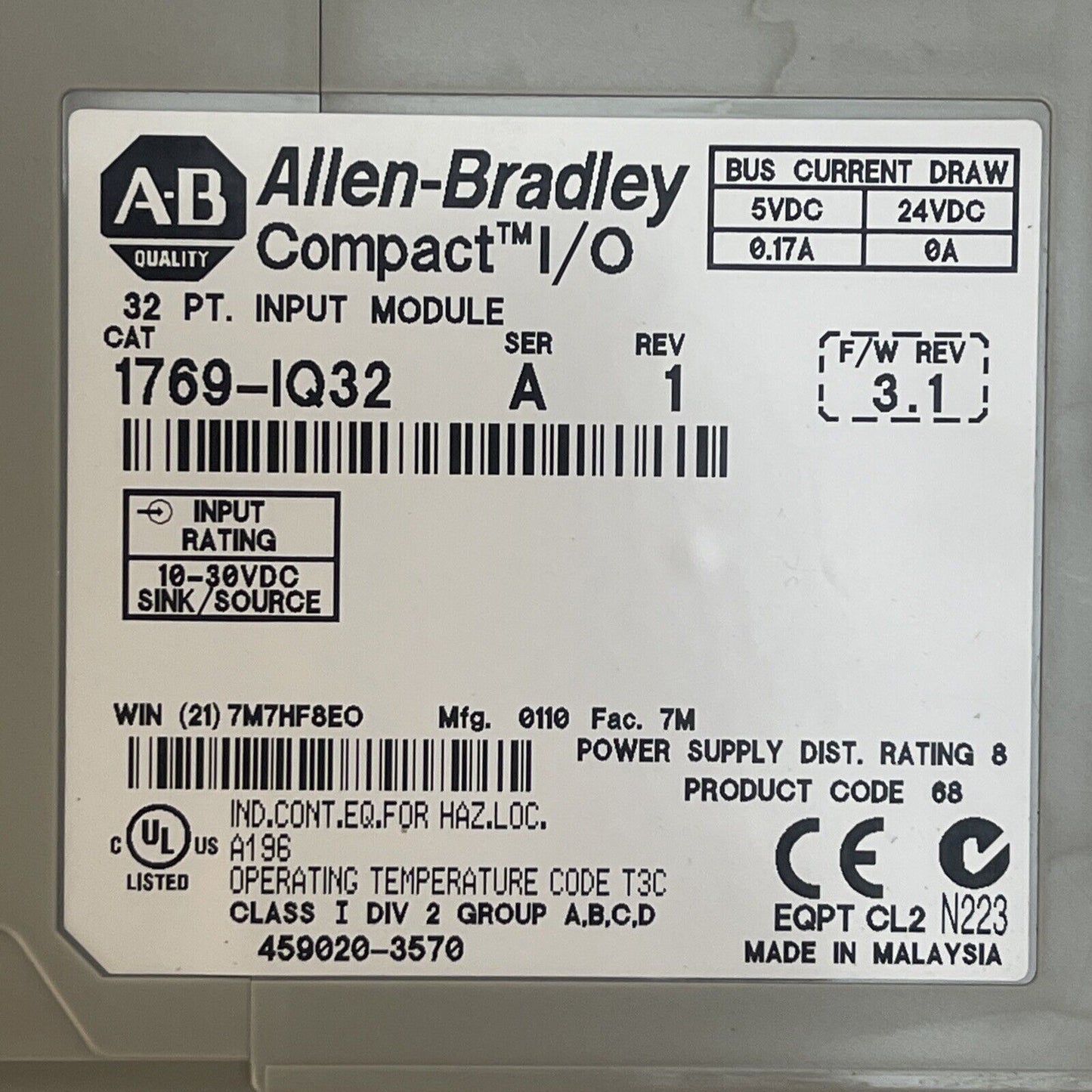 ALLEN BRADLEY 1769-IQ32 COMPACT I/O 32 PT INPUT MODULE SER A REV 1 F/W REV 3.1
