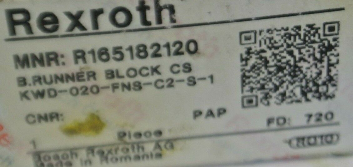 REXROTH R165182120 BALL RAIL RUNNER BLOCK / KWD-020-FNS-CS-S-SS... / NEW SURPLUS