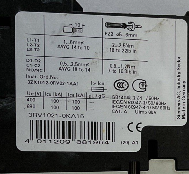 SIEMENS 3RV1021-0KA15 MOTOR STARTER 50/60HZ 600V 1.25-0.9A 6KV 16A