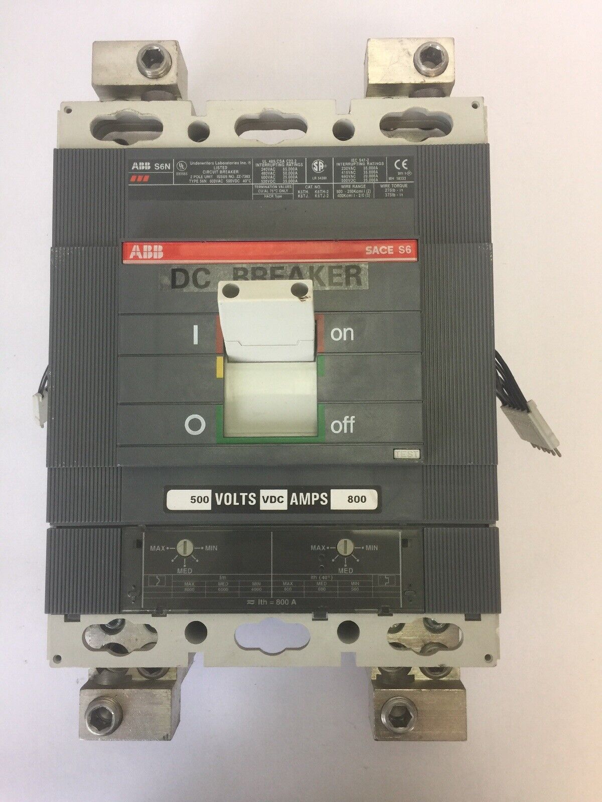 ABB S6N CIRCUIT BREAKER SAC S6 500VDC 600VAC 2 POLE 800A TRIP