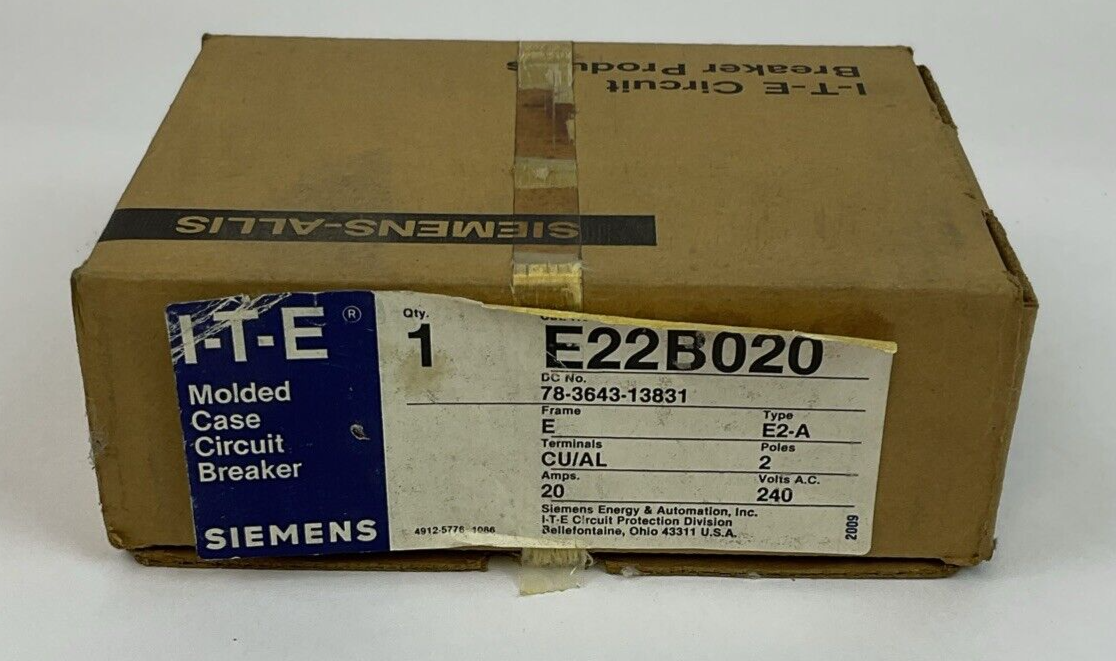 SIEMENS E22B020 CIRCUIT BREAKER FRAME E 240VAC 2POLE 20AMP