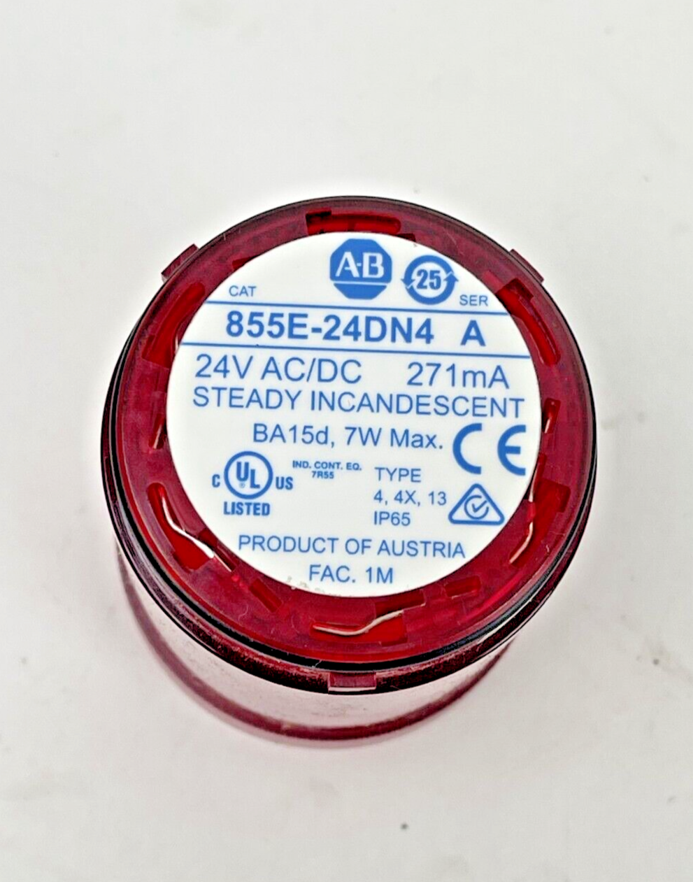 ALLEN BRADLEY - 855E-24DN4 - Ser. A - RED INCANDESCENT STEADY LIGHT - 24 VAC/VDC
