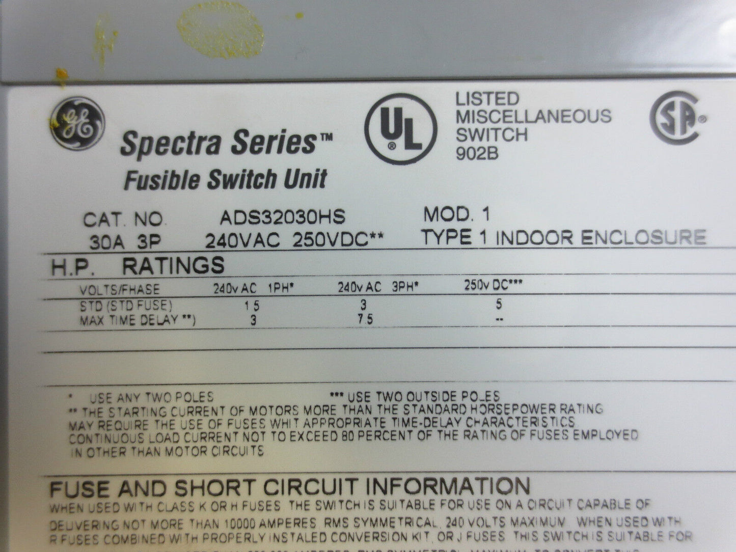 GE ADS32030HS SPECTRA FUSIBLE SWITCH UNIT - 30A 240V 3-POLE - NEW SURPLUS