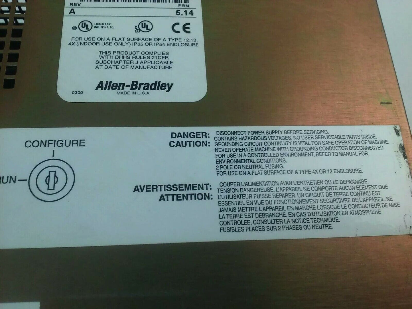 ALLEN BRADLEY 2711E-T10C6 SER. D REV. A PANELVIEW 1000E TERMINAL FRN 5.14