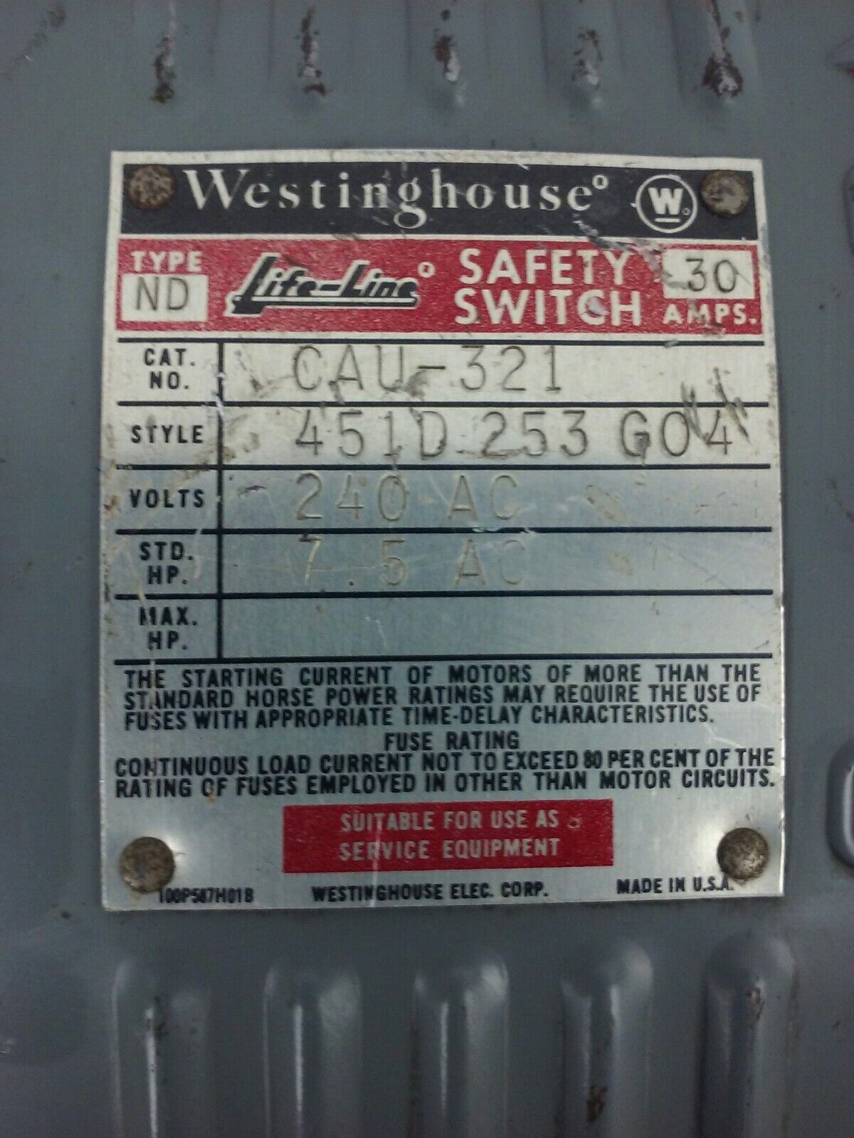 WESTINGHOUSE CAU-321 SAFETY SWITCH, 30A, 240V, STD HP 7.5 AC, 3P, TYPE ND, NEW