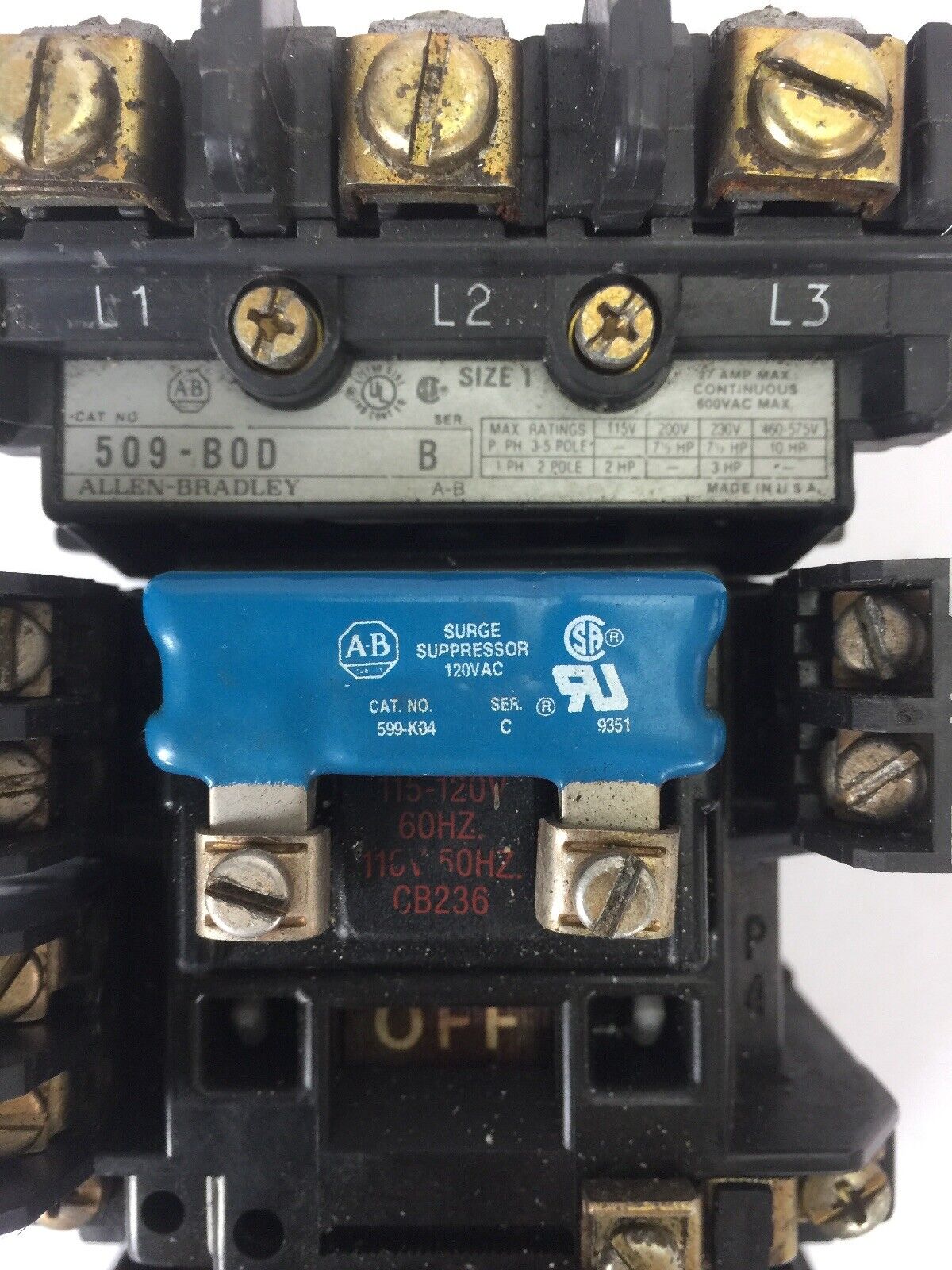 ALLEN BRADLEY 509-B0D SIZE 1 STARTER 600VAC 27AMP 10HP W47 HEATERS 120V COIL