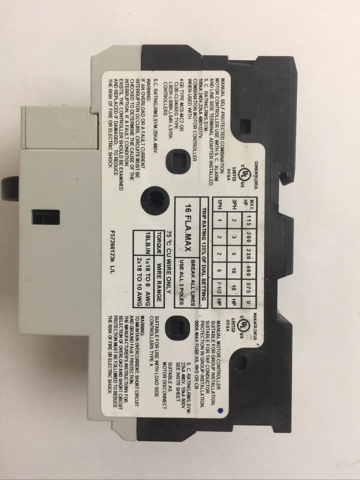 GE GPS1BSAM MANUAL MOTOR STARTER 11-16A 3PH 10HP 575V