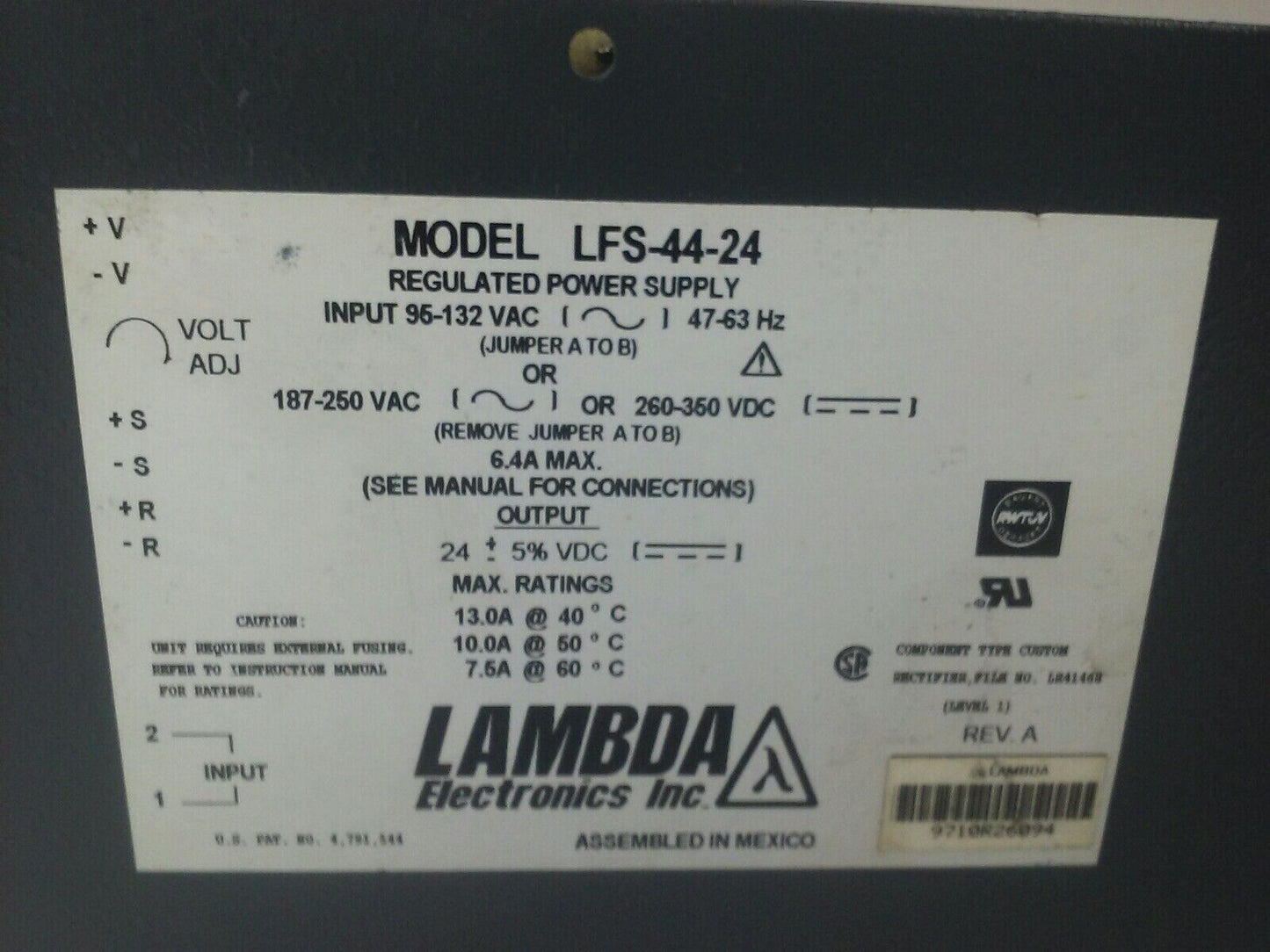 LAMBDA ELECTRONIC MODEL LFS-44-24 REGULATED POWER SUPPLY 95-132VAC 47-63HZ 6.4A