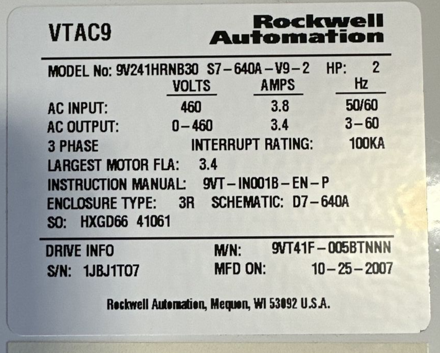 ROCKWELL AUTOMATION VTAC 9 HVAC DRIVE 9V241HRNB30 S7-640A-V9-2 460VAC 2HP 3PH