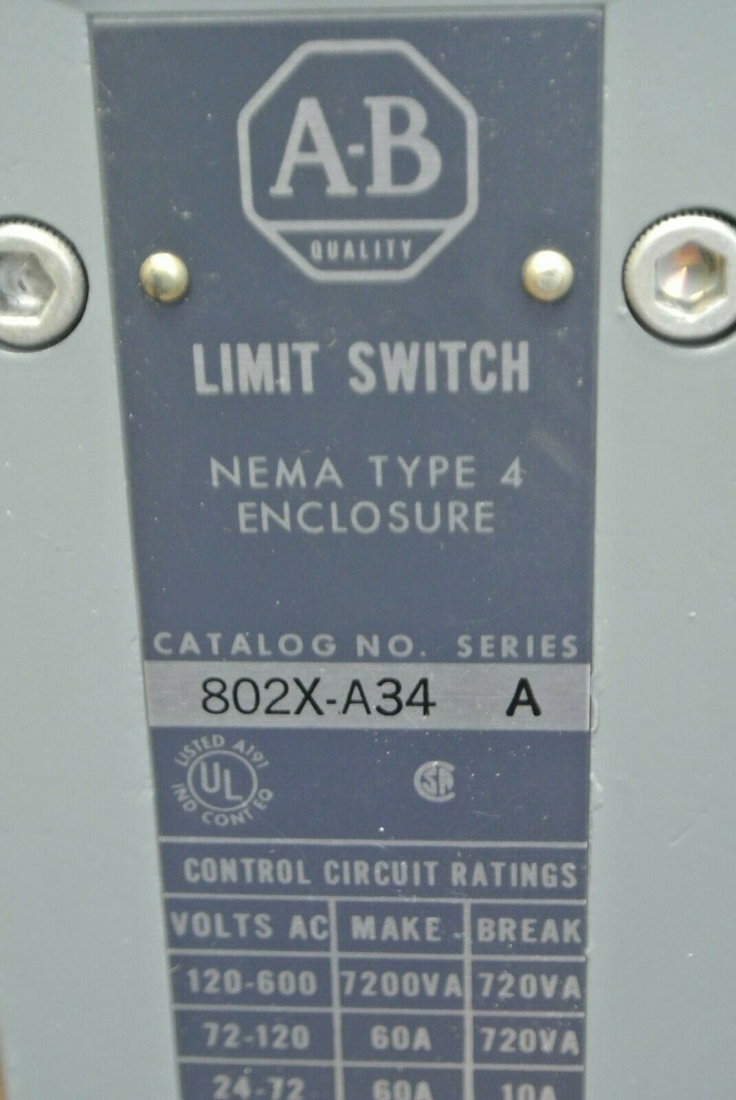 ALLEN-BRADLEY 802X-A34 WATERTIGHT LIMIT SWITCH / 24-600VAC / NEW SURPLUS
