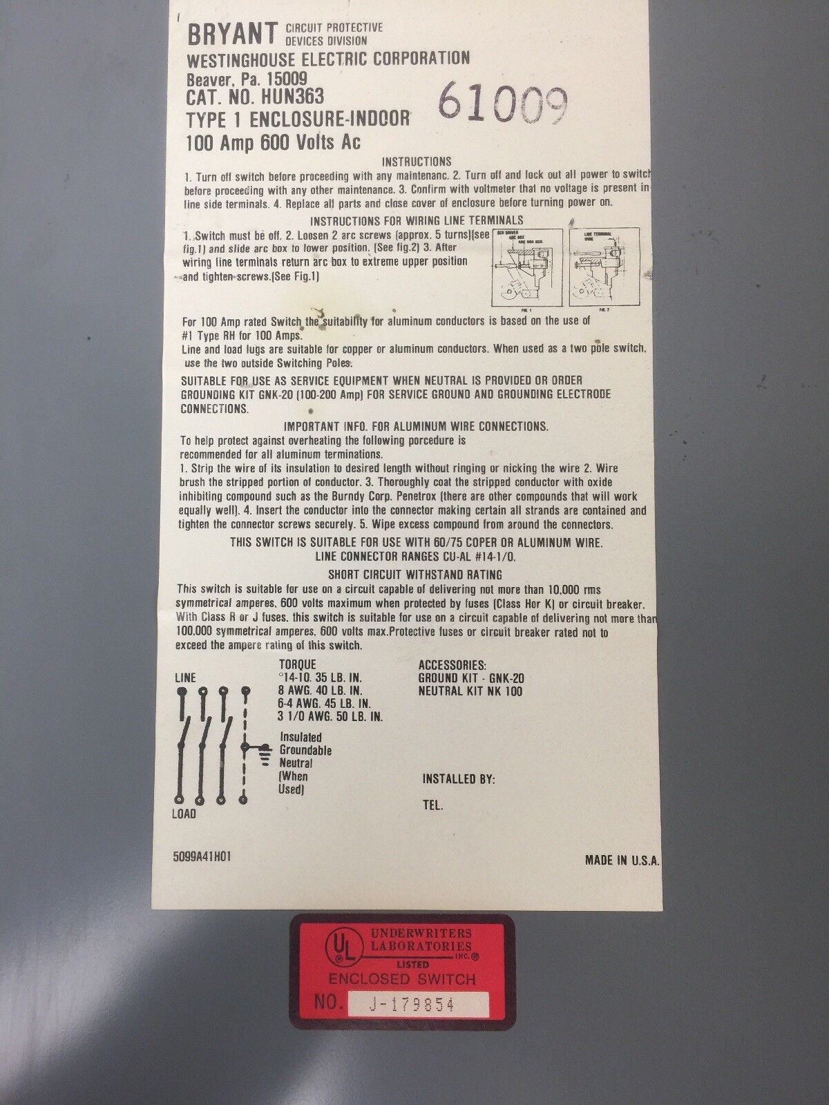 WESTINGHOUSE HUN363 HEAVY DUTY SAFETY SWITCH 100AMP 600VAC 75HP TYPE 1 ENCLOSURE