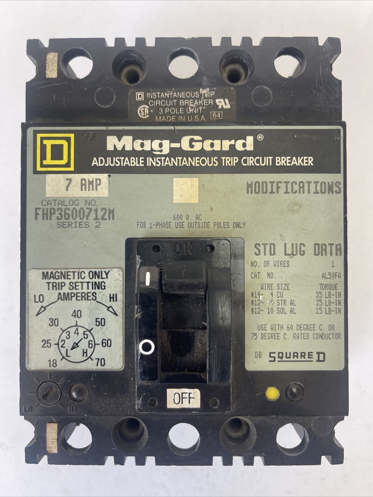 SQUARE D FHP3600712M MAG-GARD CIRCUIT BREAKER SER 2 600VAC 7AMP 3POLE ADJUSTABLE