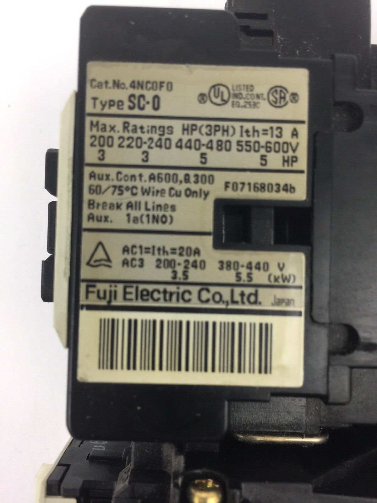 FUJI ELECTRIC 4NC0F0 TYPE SC-0 CONTACTOR 4NK0AS TYPE TK-0N OVERLOAD RELAY