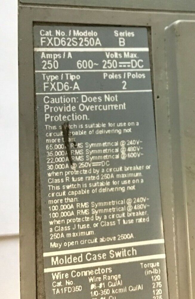 SIEMENS FXD62S250A CIRCUIT BREAKER 250A 600VAC 250VDC 2POLE