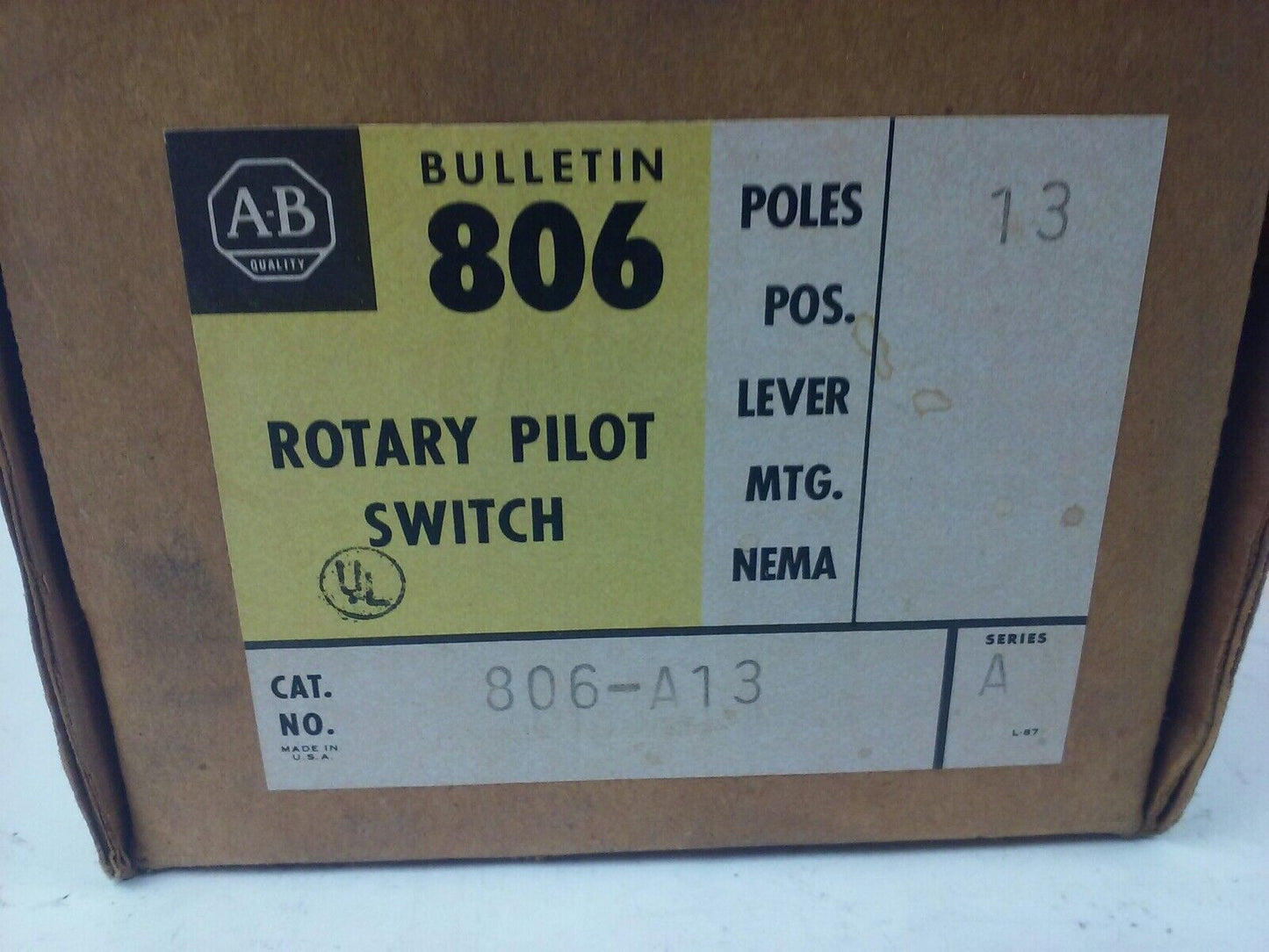 ALLEN BRADLEY 806-A13 SER. A, ROTARY PILOT SWITCH,1P 3 THROW WITH OFF POSITION,