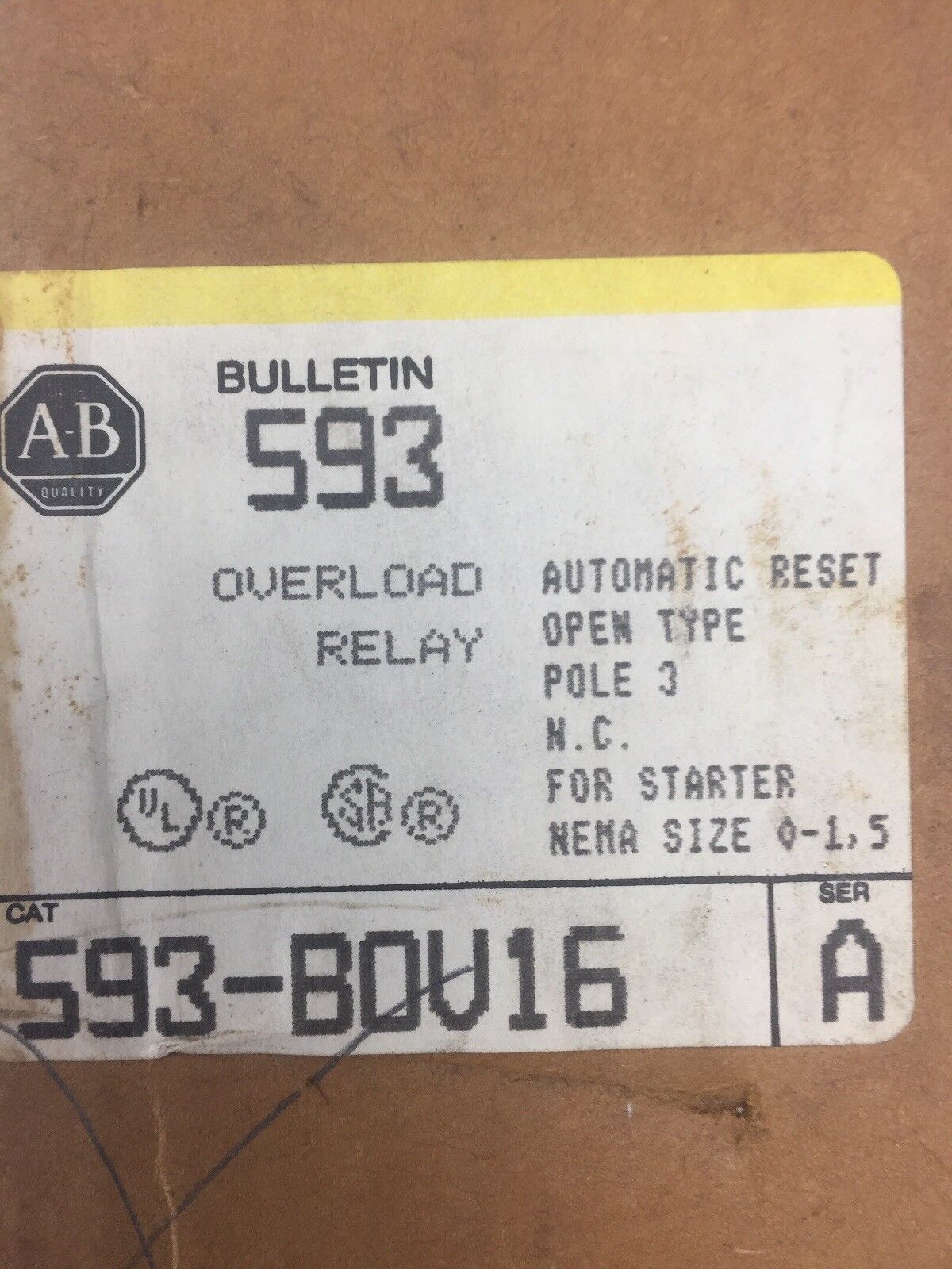 ALLEN BRADLEY 593-BOV16 OVERLOAD RELAY FOR STARTER NEMA 0-1, 5 OPEN TYPE 3 POLE