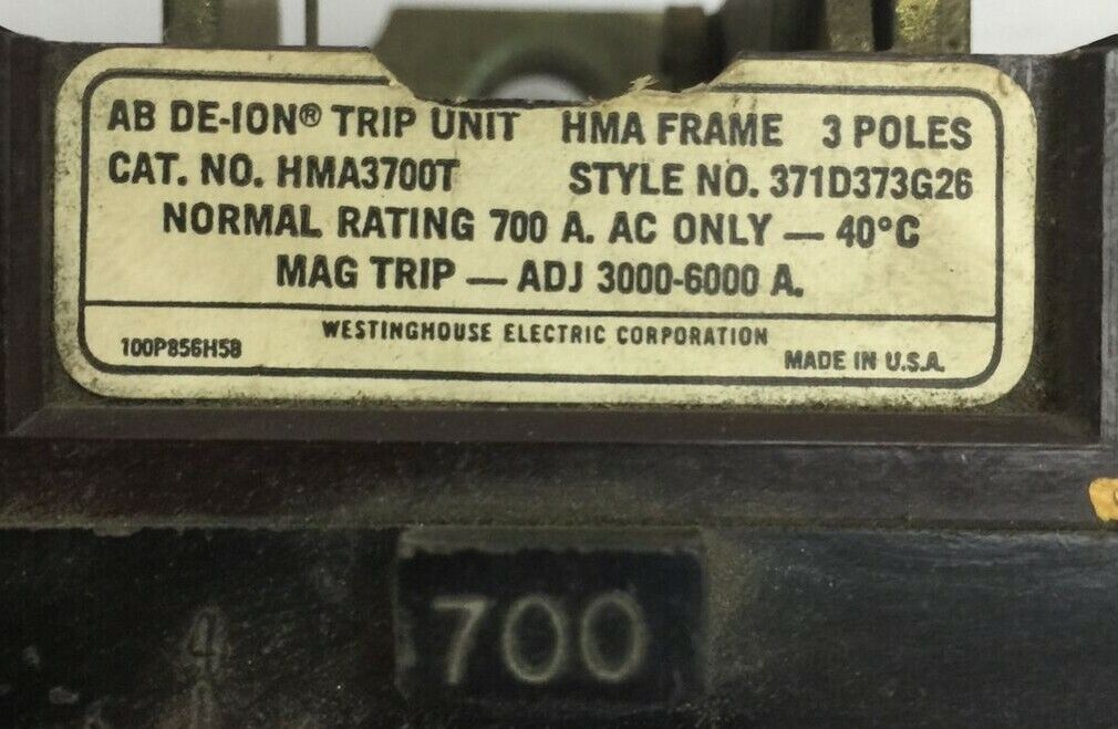 WESTINGHOUSE HMA3700T TRIP UNIT 700AMP 3POLE MAG TRIP ADJ 3000-6000A 371D373G26