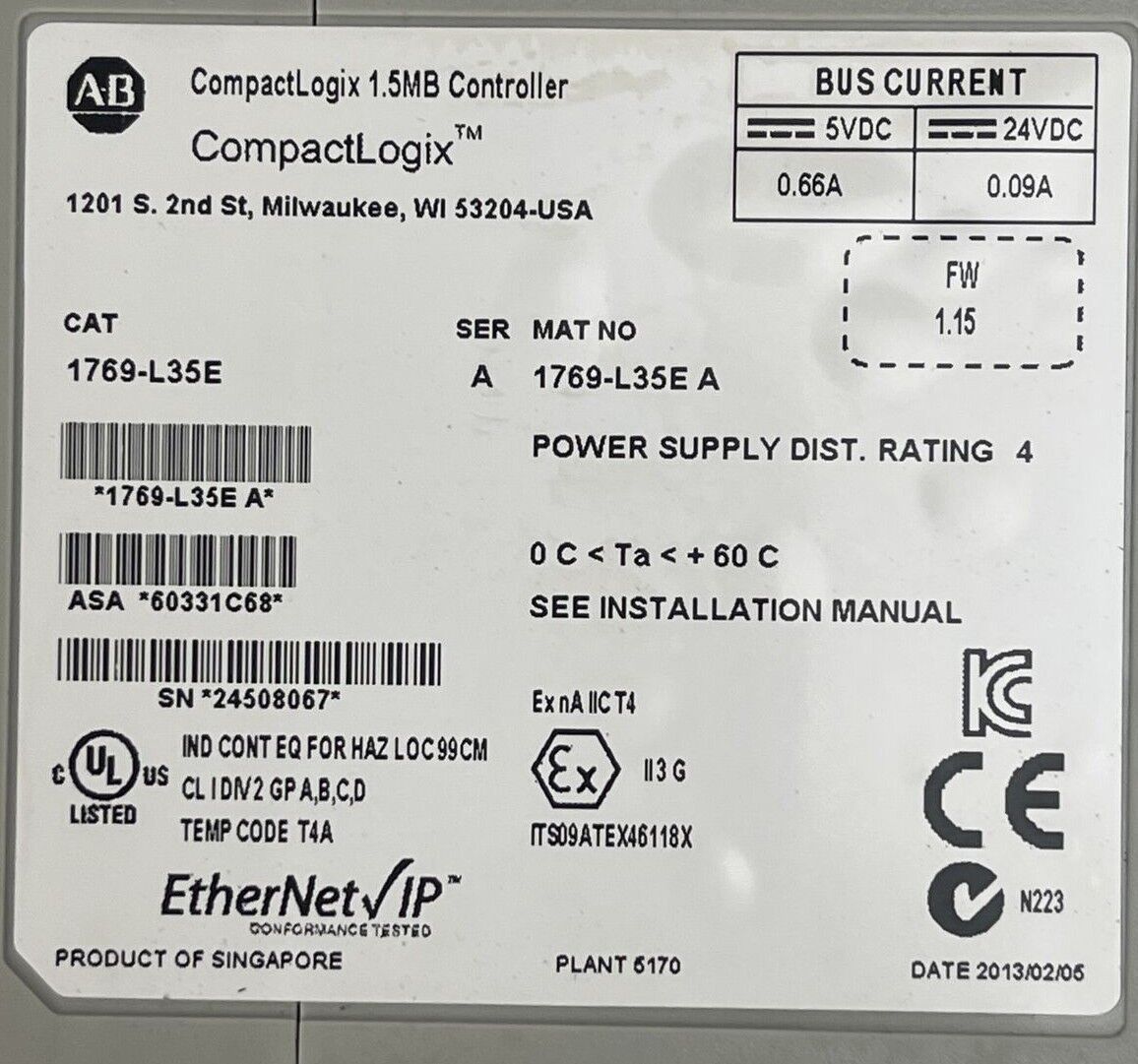 ALLEN BRADLEY 1769-L35E COMPACT LOGIX 1.5MB CONTROLLER SER A FW1.15 24VDC 0.09A