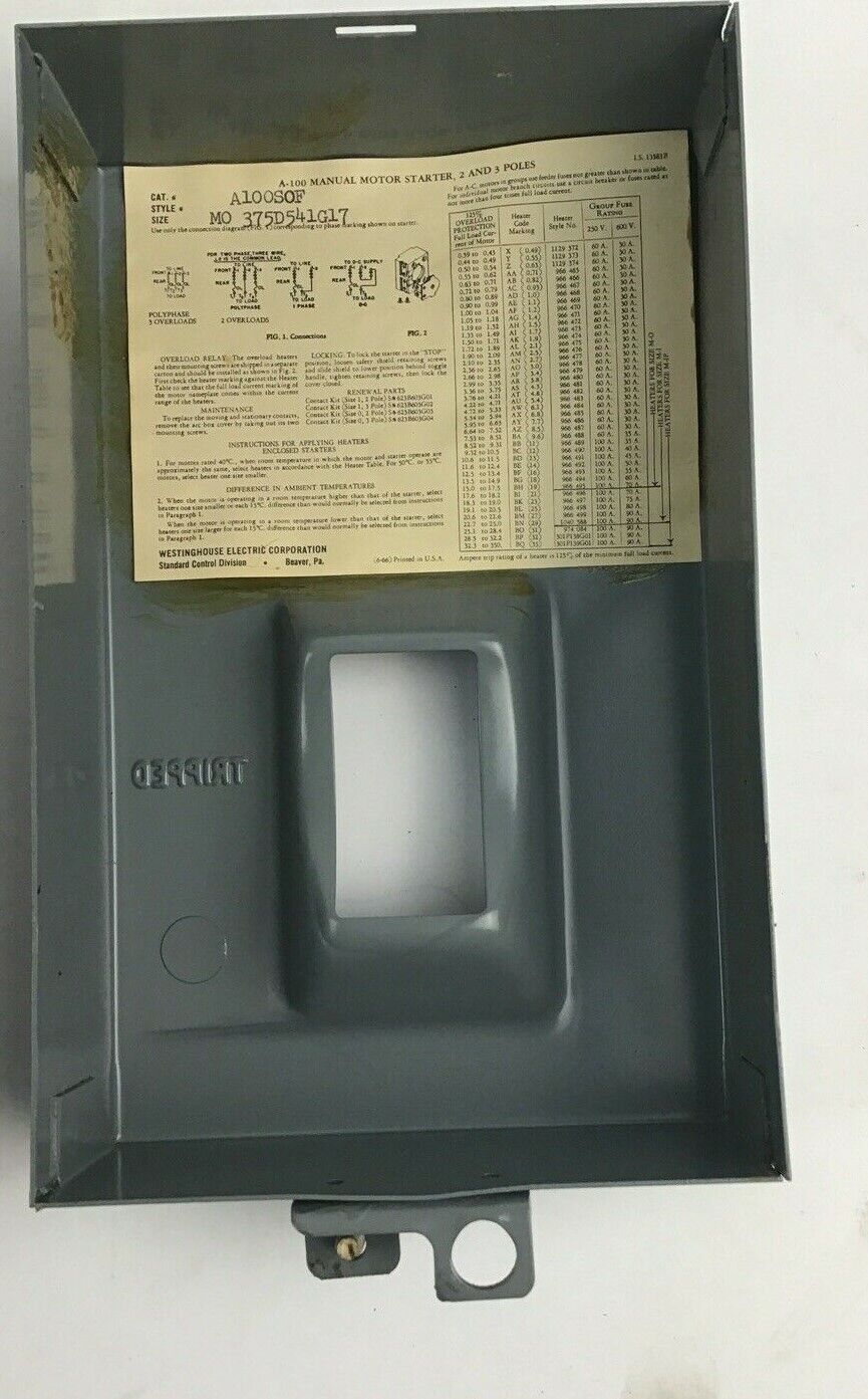 WESTINGHOUSE A100S0B MANUAL STARTER SZ.M-O 2POLE 1PH 1HP-115VAC 2HP-230VAC