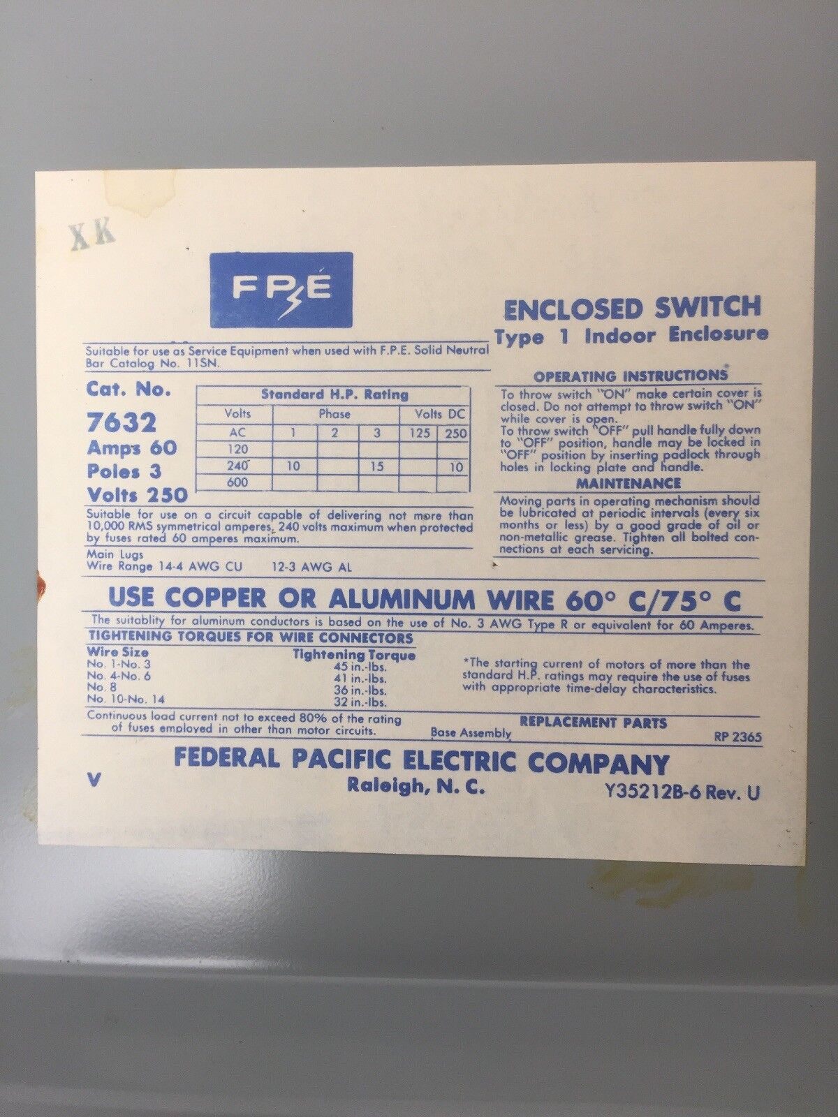 FPE 7632 TYPE LD SAFETY SWITCH 60AMP 250VDC 240VAC 3 POLE 10-15HP
