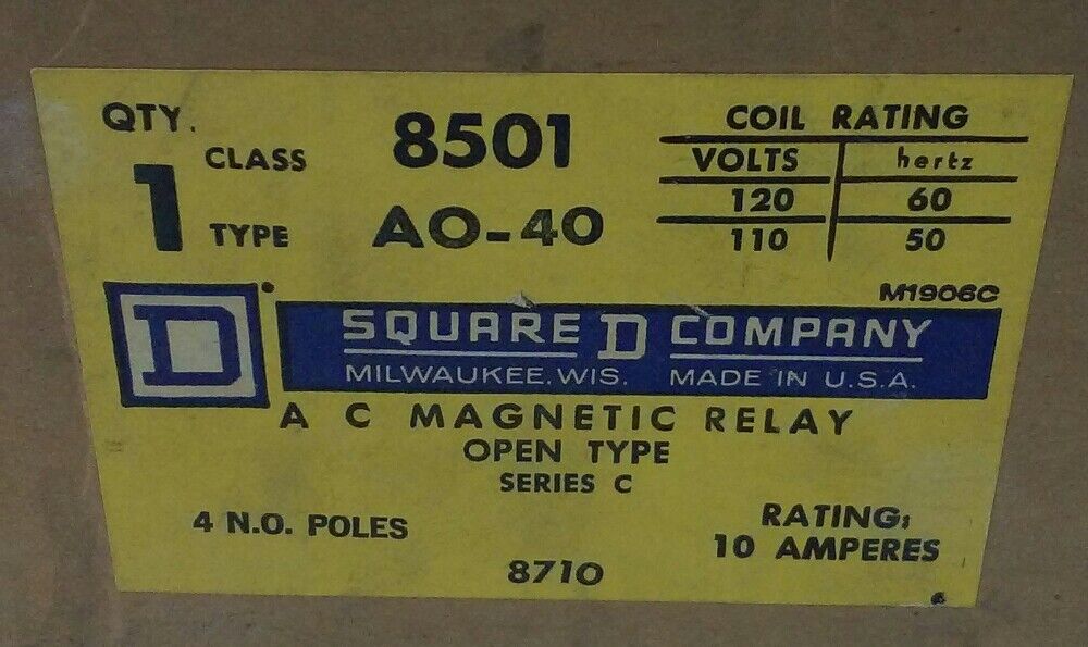 SQUARE D AC MAGNETIC RELAY CLASS 8501 TYPE AO-40, SERIES C, 4 POLE, 10AMPS, NEW