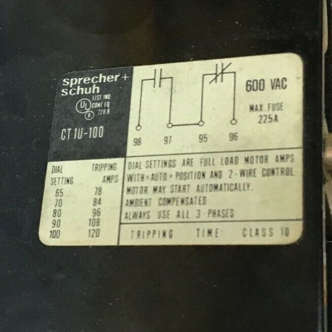 SPRECHER+SCHUH CT 1U-100 THERMAL RELAY 600VAC 225A CLASS 10
