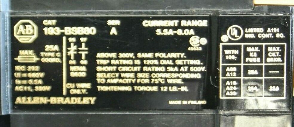 ALLEN-BRADLEY 193-BSB80 BIMETALLIC OVERLOAD RELAY / 5.5A - 8.0A / NEW SURPLUS