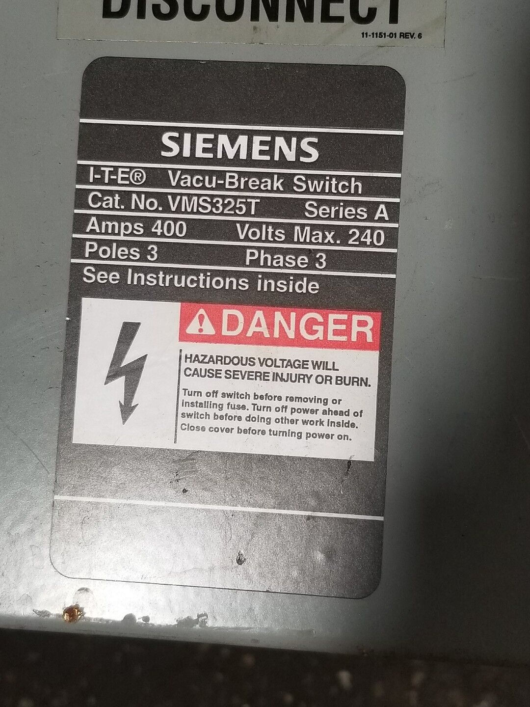 ITE SIEMENS VMS VMS325T 400 AMP 240V FUSIBLE PANEL PANELBOARD SWITCH