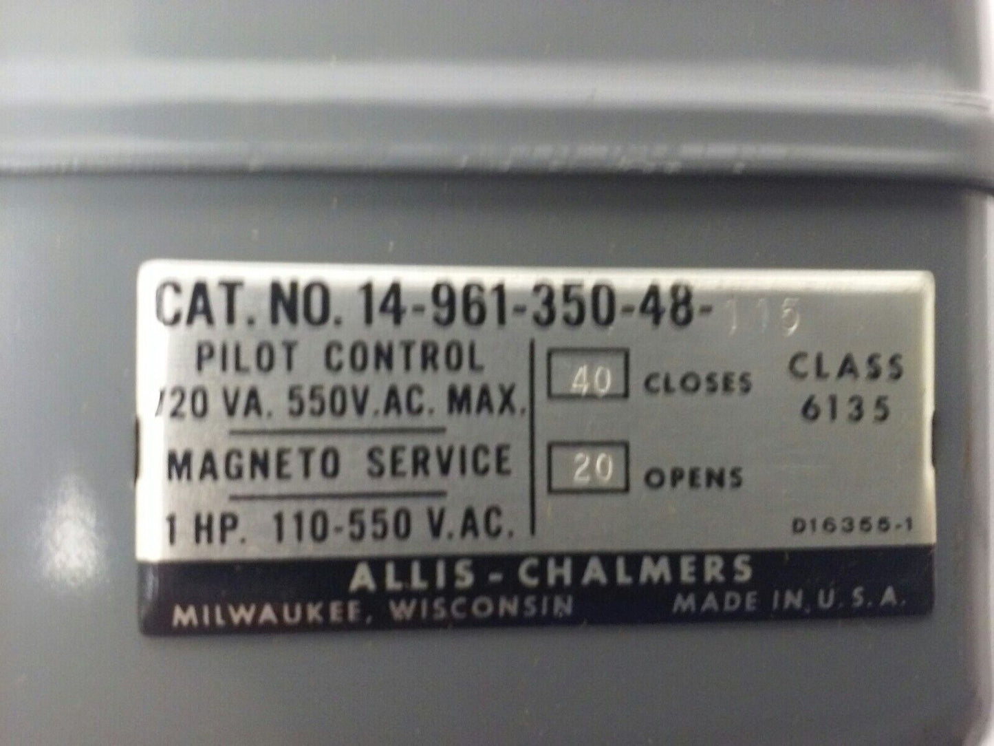 ALLIS CHALMERS CLASS 6135 14-961-350-48-115 PRESSURE SWITCH, 550V,NEW SURPLUS,