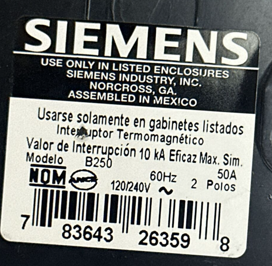 SIEMENS B250 CIRCUIT BREAKER 2POLE 50AMP 120/240VAC TYPE BL