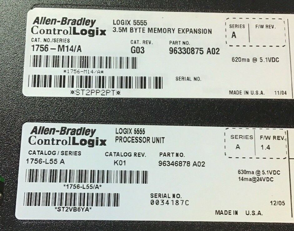 ALLEN BRADLEY 1756-L55 SER.A REV K01 F/W 1.4 24VDC /1756-M14 SER.A REV G03 24VDC