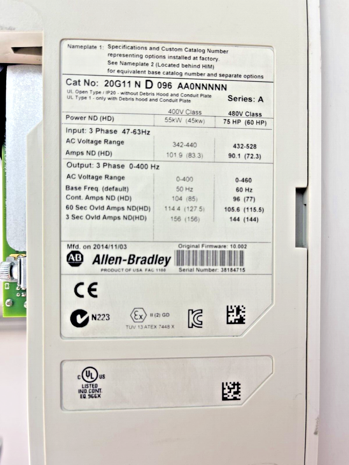 ALLEN BRADLEY - 20G11ND096AA0NNNNN SER. A -PowerFlex 755 VFD - 75 HP, 480V, 96A