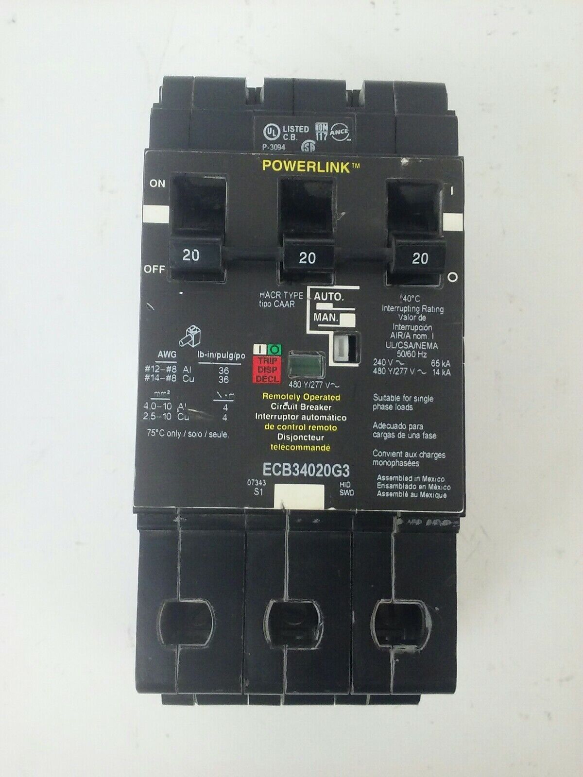 SCHNEIDER SQUARE D ECB34020G3 TYPE ECB BOLT-ON CIRCUIT BREAKER 3P 20A 480Y/277V