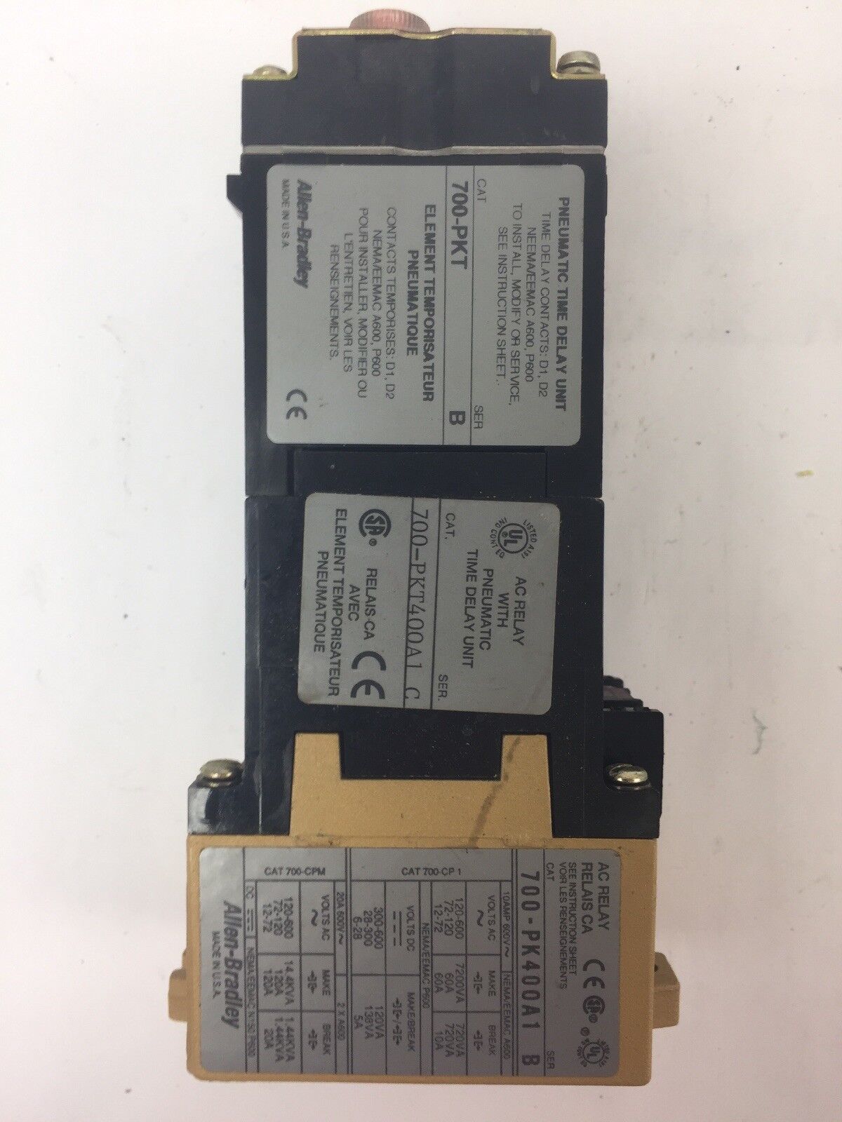 ALLEN BRADLEY 700-PKT400A1 AC RELAY WITH PNEUMATIC TIME DELAY UNIT COIL 115-120V