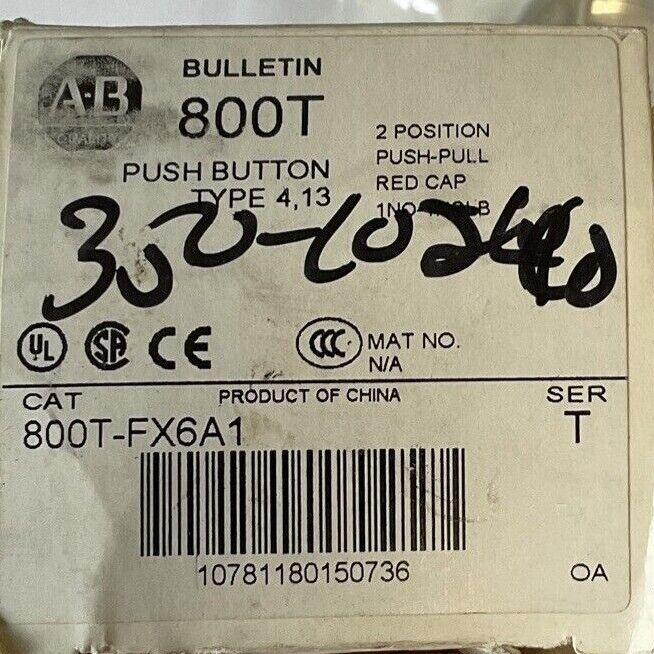 ALLEN BRADLEY 800T-FX6A1 PUSH BUTTON 2 POS. PUSH-PULL SER.T MISSING RED CAP