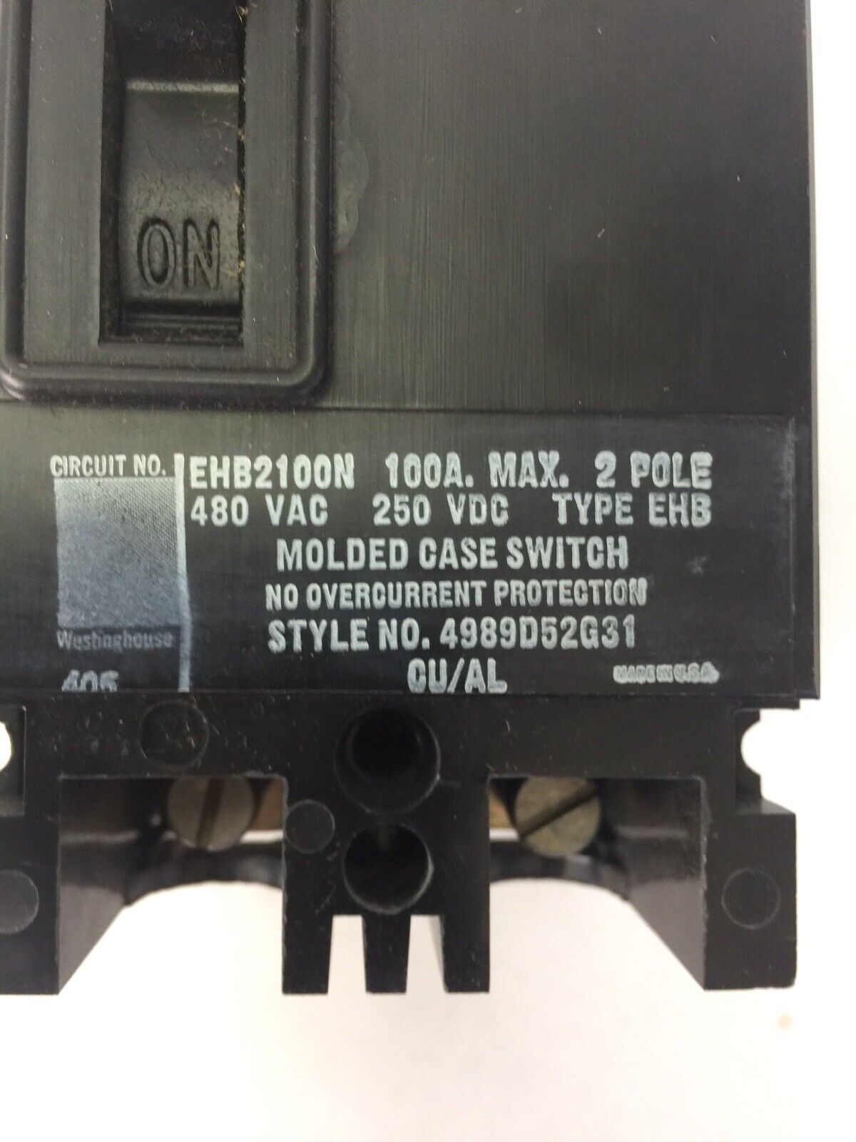 WESTINGHOUSE EHB2100N NON AUTO CIRCUIT BREAKER 100AMP 2POLE 480VAC 250VDC