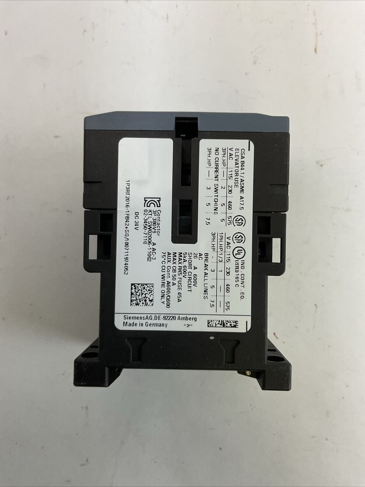 SIEMENS 3RT2016-1FB42 CONTACTOR 20A 600VAC 3PH 7.5HP COIL 24VDC