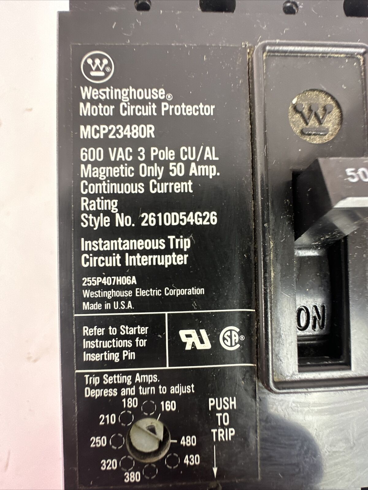 WESTINGHOUSE MCP23480R MOTOR CIRCUIT PROTECTOR 3P 50A 600VAC TRIP RANGE 160-480