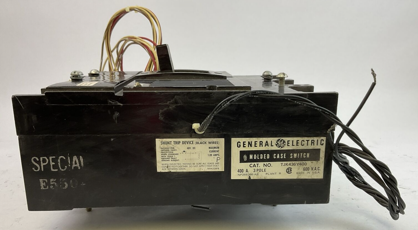 GE TJK436Y400 MOLDED CASE SWITCH 400A 3P 600VAC W/ SHUNT TRIP & AUXILIARY SWITCH