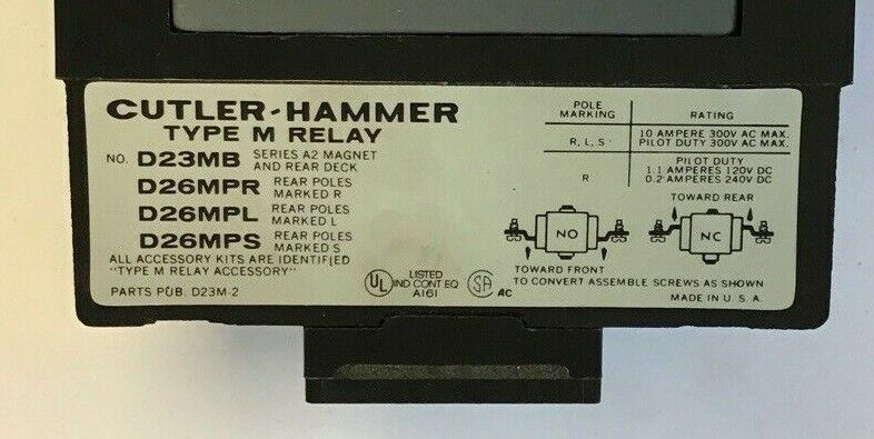 CUTLER HAMMER D23MR40A TYPE "M" RELAY SERIES A3 4N.O.-0N.C.