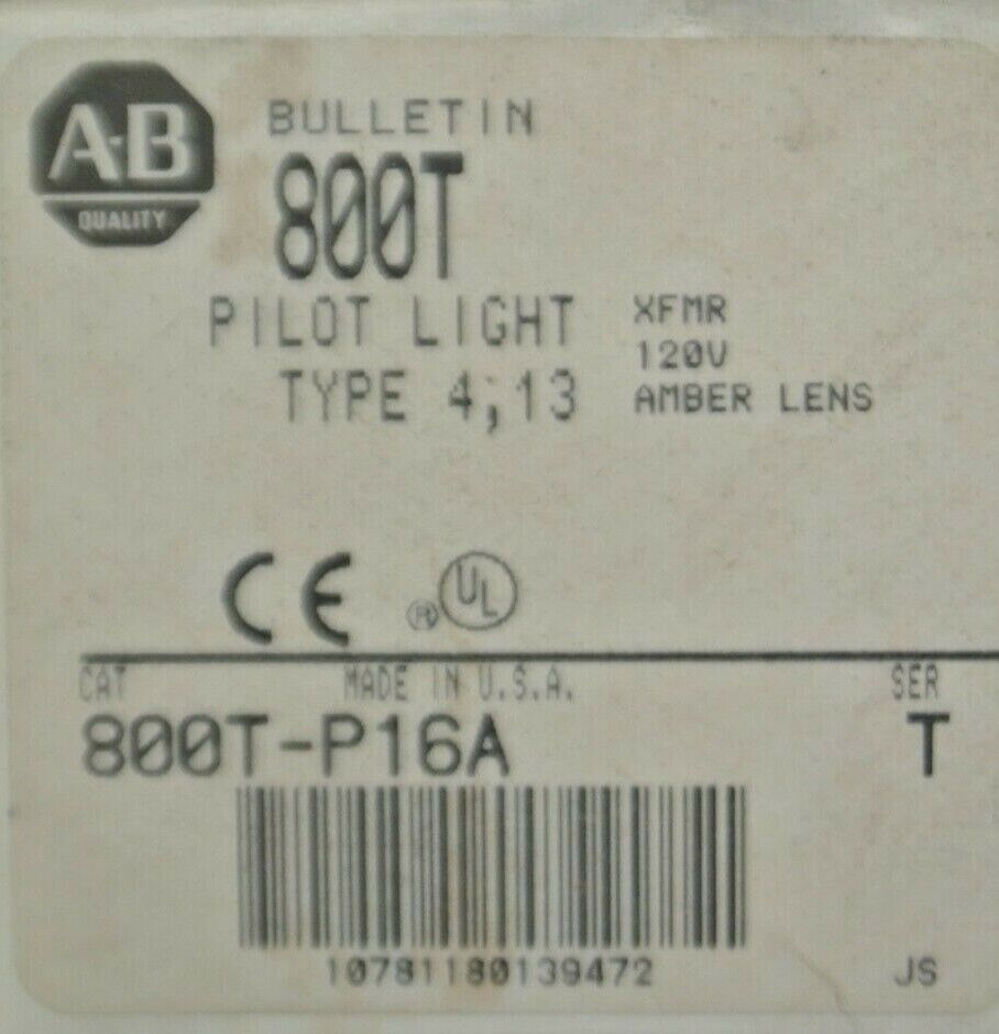 ALLEN-BRADLEY 800T-P16A PILOT LIGHT / TRANSFORMER / 120V / AMBER / NEW SURPLUS